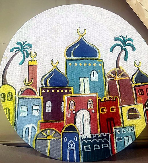 لوحة تعبيرية بالأكريليك على كانفاس دائري