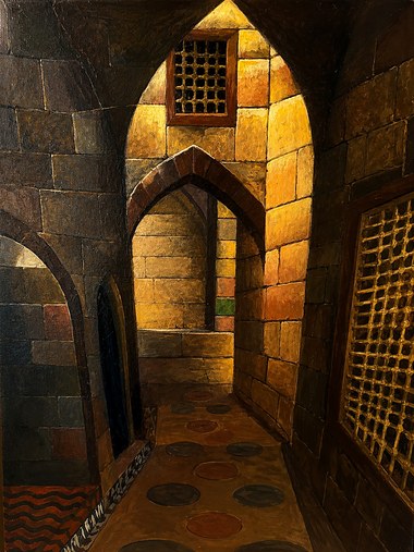 ممر حجري — عمارة إسلامية — ألوان زيتية على كانفاس — الضوء المتسلل وتدرج الحجر